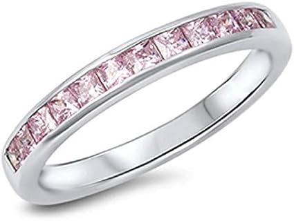 0.50Ct Princess Cut Created Pink Tourmaline 14K White Gold Plated 925 Sterling Silver Engagement Half Eternity Wedding Band Ring For Women