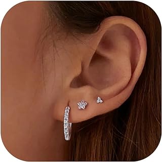 ZELORES 3 Pairs Hoop Stud Earrings Set Sterling Silver Small Hoop Earrings CZ Stud Earrings Sets for Multiple Piercing Cartilage Earrings Stud Hoop Earrings for Women