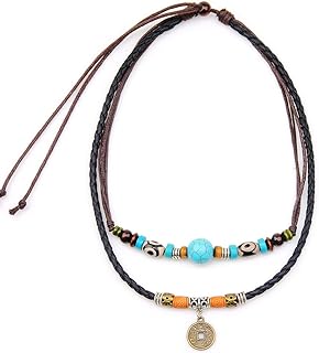 Bead Clasp Double-Layered Tribal Style Leather Necklace for Men and Women with Box Chain, Ideal for Surfers - No Gemstone, Vintage-Style Pendant Design