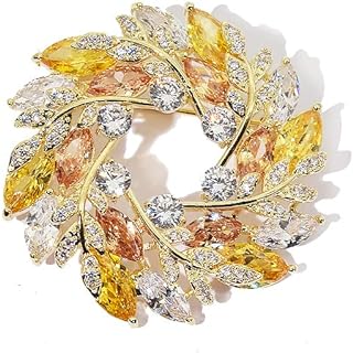 Handcrafted 14K Yellow Gold Leaf Wreath Brooch with Moissanite Gems and Pin Clasp - Elegant Women's Accessory