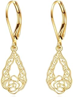 Gold Flower Earrings 14K Gold Flower Teardrop Dangle Leverback Earrings Fine Gold Floar Drop Earrings Jewelry Gifts for Women Girls