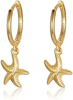 Starfish Hoop Earrings for Women Girls Simple Delicate Handmade 14K Gold Filled Small Boho Ocean Beach Dangle Drop Nautical Beachy Earrings Hawaiian Sea Beach Hypoallergenic Jewelry Gift