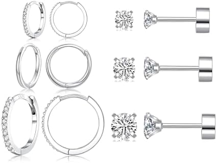 6 Pairs Sterling Silver Earrings Sets for Multiple Piercing Small Silver Huggie Hoop Earrings Flat Back Surgical Steel Tiny CZ Stud Earrings for Women Trendy Cartilage Hypoallergenic