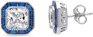 Halo Art Deco Stud Earrings - Sterling Silver with Sparkling Princess-Cut Cubic Zirconia for Women - Push Back Design
