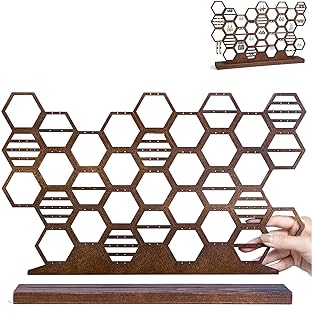 Hanging Earring Holder Organizer Honeycomb Earring Stand Wood Earring Display Beehive Jewelry Organizer Stand for Stud Earrings (Walnut Wood Color)