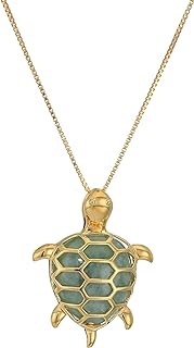 Women's Unique 18K Yellow Gold Plated Sterling Silver & Genuine Green Jade Turtle Pendant with Secure Spring Ring Closure and Box Chain