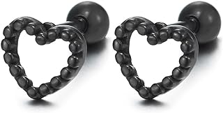 Black Dotted Open Heart Stud Earrings of Stainless Steel for Women, Screw Back, 2Pcs