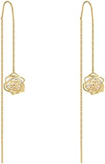 14K Gold Rose Flower Dangle Earring For Women Tassel Threading Long Chain Earrings For Women Drop Earrings For Bridesmaid
