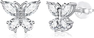 Charming 925 Sterling Silver Butterfly Stud Earrings with Cubic Zirconia for Women & Girls by JSGEMSLEE - White Gold Plated & Hypoallergenic with Secure Push Back