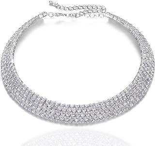 Kucheed Rhinestone Choker Necklaces,4 Row Silver Diamond Necklace,Sparkly Crystal Tennis Necklace Chain Jewerly,Fashion Bridesmaid Bridal Wedding Party Prom Accessories Shine Necklaces for Women
