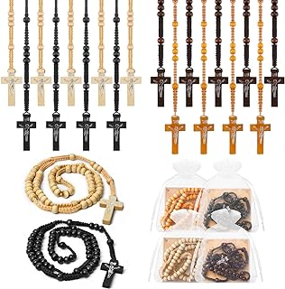 Wooden Catholic Bead Necklace with Organza Bags Baptism Favors Catholic Gift, Jesus Cross Jerusalem Holy Land Religious Jewelry Gift for Men Women