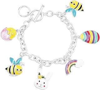 Toggle Clasp Easter Charm Bracelet with Cable Chain and Crystals for Women, Silver-Tone Alloy, Bunny and Egg Enamel Designs by Rosemarie & Jubalee