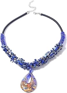 Lobster Claw Clasp Lapis Lazuli Bead Necklace with Box Chain - Murano Style Glass Multicolor Gem for Women - Platinum Plated, 20 Inch - Perfect for Birthdays and Mother's Day