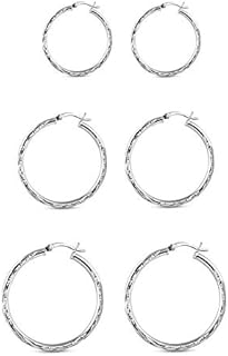 Charmsy Sterling Silver 3 Pair Set of Classic Hoop Earrings with Click-Top Back Finding for Women and Teens