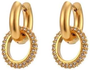 18K Gold Plated Stainless Steel Round Double Huggie Chunky Hoop Earrings for women Gold interlocked Hoops statement earrings with Cubic Zirconia