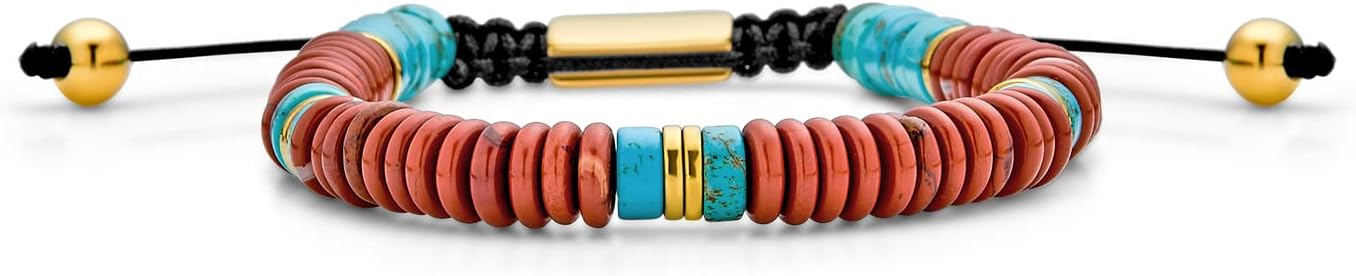 Bohemian-Style 7" Turquoise and Carnelian Natural Gemstone Stacking Bolo Bracelet with Gold Plated Stainless Steel Cord Chain - No Clasp Design for Women