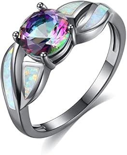 CiNily Black Gold Plated Purple Opal & Amethyst Ring for Women Ladies Big Gemstone Promise Ring Jewelry Gift