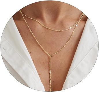 14K Gold Plated Brass Dainty Y Layered Necklace with C-Link Chain and Lobster Clasp - Shining Dot Design, Perfect Gift for Women and Girls
