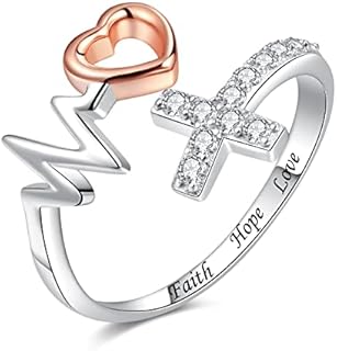Adjustable White Gold Plated Silver Doctor Who Wedding Ring with Cubic Zirconia for Women - Faith Hope Love Heartbeat & Angel Wing Ring for Medical Professionals