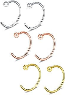 Ruifan 6PCS Stainless Steel Body Jewelry Piercing Earrings Nose Hoop Ring Unisex With Ball Top 22 Gauge 6mm/8mm/10mm