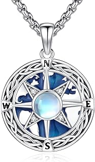 Compass Necklace Sterling Silver Round Compass Pendant Necklace with Moonstone Celtic Knot Necklace Blue Travel Map Necklace Graduation Jewelry for Women