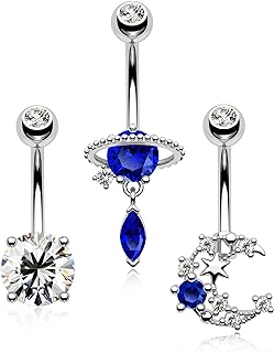 Melighting 14G Belly Button Rings Pack Stainless Steel 316L Blue Belly Rings for Women Clear CZ Planet Belly Piercing Moon Navel Barbell Body Piercing Jewelry