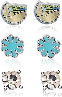 Disney Star Wars The Mandalorian Stud Earrings Pack 3 Pairs, Official License Grogu, Starflower, and Rhinestone Studs