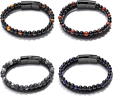 4 Pcs Humanic Beaded Bracelets for Men，Black Natural Stone Beads Bracelets Tiger Eye Lava Rock Hematite Gallstone Chakra Bracelet Jewelry