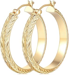 Large 14k Yellow Gold Hoop Earrings with French Wire Back Finding for Women, V-Shaped Engraved Design, 30mm