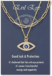 Lobster Clasp Gold Evil Eye Choker Necklace with Rolo Chain and Agate Gem for Women, PPJew Layered Design
