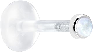 Solid 14k White Gold Rainbow Moonstone Stud Earring with Push Back, 2mm Gemstone Setting, 8mm Length for Tragus/Helix Piercings, Made in USA