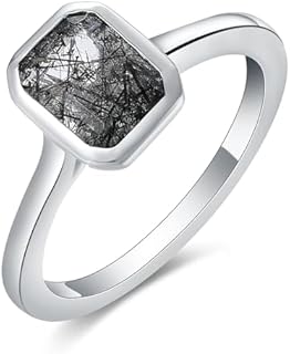 Naturally Black Rutile Quartz Simple Women's Ring - 2.0 Carat Emerald Cut Engagement Ring - Solitaire Platinum Plated 925 Sterling Silver Promise Ring Gift for Women, Her, Mom