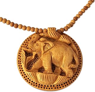 NOVICA Handmade Carved Wood Necklace Crafted Indian Jewelry Pendant Natural Materials Animal Themed Eco Friendly Jali Nature 'Elephant Fortune'
