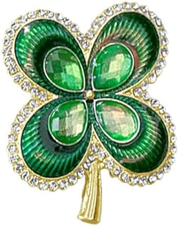 Minimalist Four Leaf Clover Rhinestones Green Enamel St Patrick's Day Brooch Lapel Pins for Women Girls Elegant Vintage Crystal Flower Shamrock Brooches Lucky Banquet Decor Dress Clothes Accessories Holiday Jewelry Gift 40mm