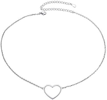 Lobster Claw Clasp, Sterling Silver Bead Necklace with Rolo Chain and Cubic Zirconia Gem for Women and Girls, Heart Design