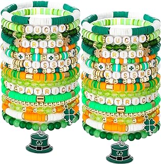 Bead Chain Polymer Clay Bracelets - Stackable St. Patrick's Day Themed wrist accessories for Women - Lightweight, Elastic Fit, Unique Designs for Casual or Festive Wear