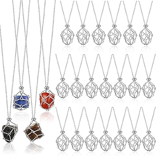 24 Pieces Crystal Holder Necklace Silver Stainless Steel Crystal Cage Necklace Adjustable Metal Crystal Cage Necklace Interchangeable Gemstone Jewelry Metal Empty Pendant Net for Women Men