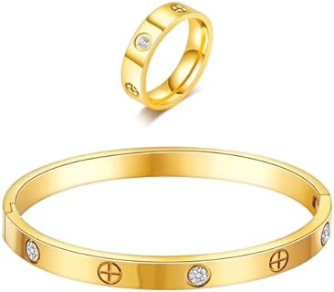 18K Gold Plated Stainless Steel & Cubic Zirconia Love Bracelet with Ring Set for Women - Elegant Oval Design Cuff Bangle & Hinged Bangle, Perfect Gift for Birthdays, Anniversaries, Valentine's & Mother's Day