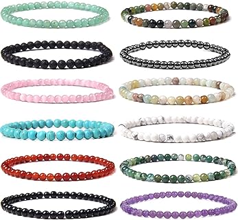 12 Pieces 4mm Mini Gemstone Energy Bracelets Natural Gemstone Handmade Crystal Beaded Power Stretch Bracelet Unisex Couple Bracelets
