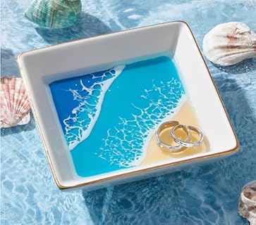 Handmade Ocean Jewelry Trinket Ring Dish Tray, Epoxy Resin & Ceramic Square Shaped, Ideal for Engagements & Birthdays, Beach Room Decor by Aotea Crafts