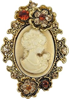 Gyn&Joy Old Style Cameo Lady Maiden Flower Crystal Rhinestone Pin Brooch BZ004