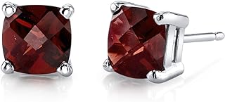 Peora Solid 14K White Gold Garnet Stud Earrings for Women, Genuine Gemstone Birthstone, Hypoallergenic Cushion Cut 6mm, AAA Grade, 2.50 Carats total, Friction Back