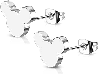 Unisex Stainless Steel Mickey Mouse Stud Earrings with Push Back, Tiny Mouse Silhouette Stud Design