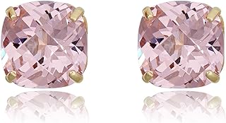 AVORA 10K Yellow Gold Cushion-Cut Pink CZ Stud Earrings with Push Back