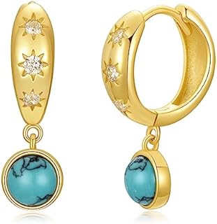 Genuine Huggie Hoop Turquoise Dangle Earrings, Sterling Silver 18K Gold Plated Sun Earrings Jewelry Birthday Gift for Women