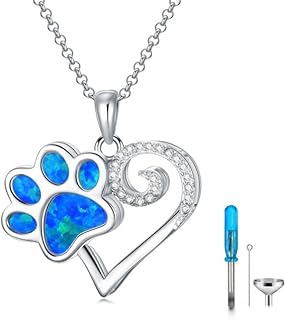 Pet Urn Necklace for Ashes Sterling Silver White Opal/Blue Opal Dog Cat Paw Print Cremation Jewelry Keepsake Memorial Jewelry Gifts for Women