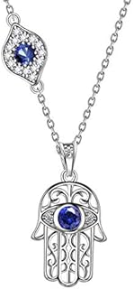Hand of Fatima Evil Eye Necklace with Lobster-claw Clasp, Cubic Zirconia Gem, for Women - Aurora Tears 925 Sterling Silver Jewelry with Hamsa Hand/David Star Design
