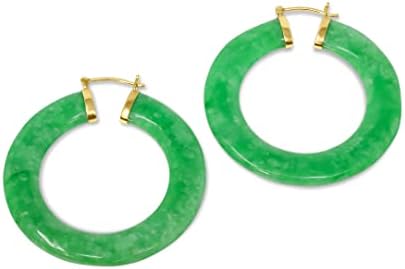 14K Yellow Gold Genuine Green Jade Hoop Earrings - Hinged Hoop Back Finding - Elegant Design for Women – Perfect Statement Accessory