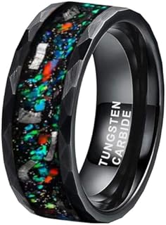 8mm Hammered Tungsten Rings for Men Women Engagement Wedding Bands Geunine Opal Meteorite Inlay Matte Finish Comfort Fit