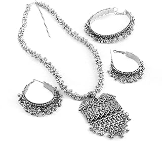 Indian Oxidies Pendant With Earring Set - Indian Ethnic Afghani Pendant Silver Oxidize Jewelry Women - Boho Gypsy Tribal Statement Necklace Earrings Jewelry Set for Girls - Wedding Wear Jewellery Gift for Her